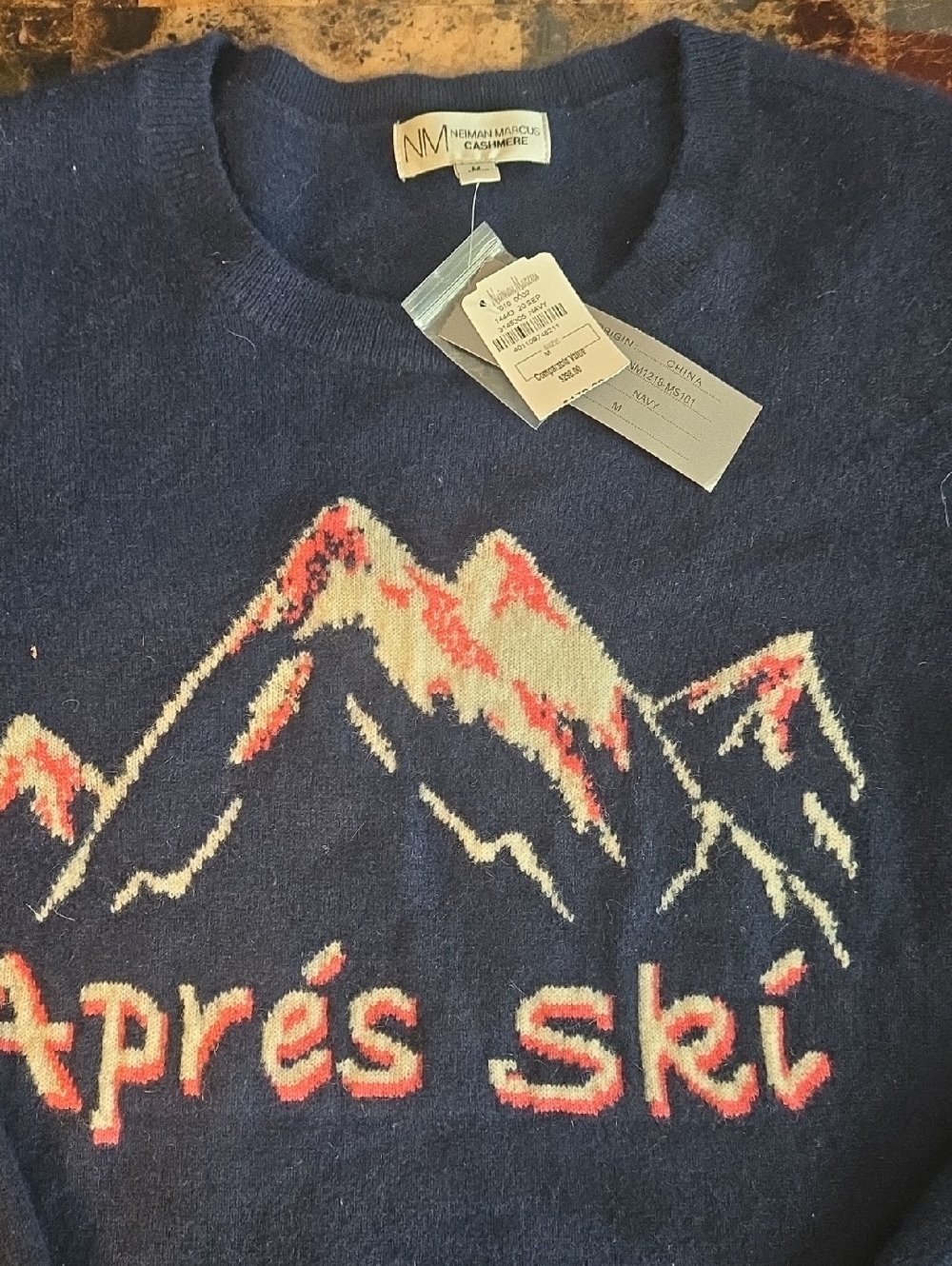 Neiman Marcus Navy Cashmere Crewneck Sweater with Cream and Coral Mountain Motif